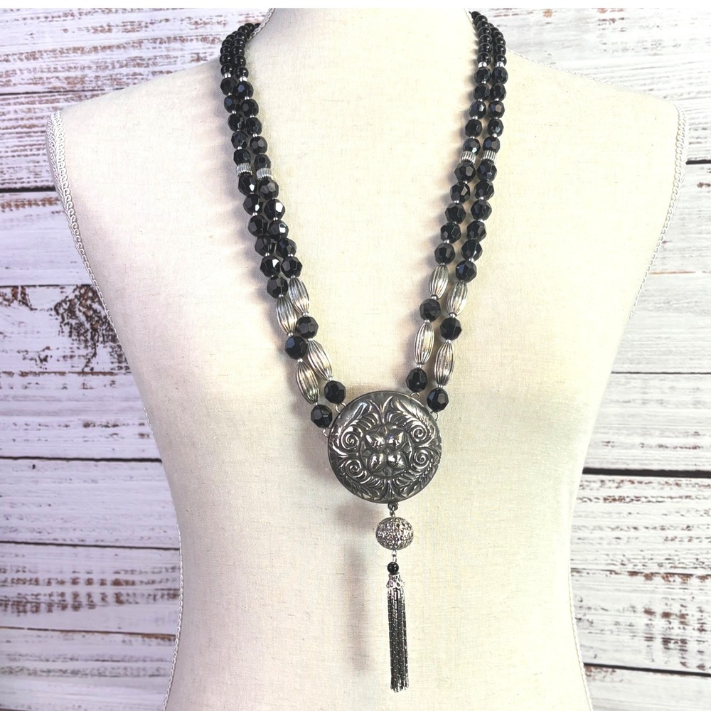 Vintage Tassel Medallion Necklace Black Silver Tone Metal Victorian Goth Boho